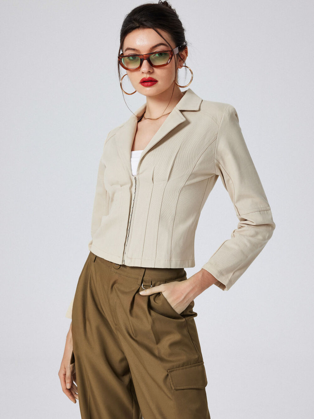 CIDER Beige Notched Collar Crop Cotton Blazer